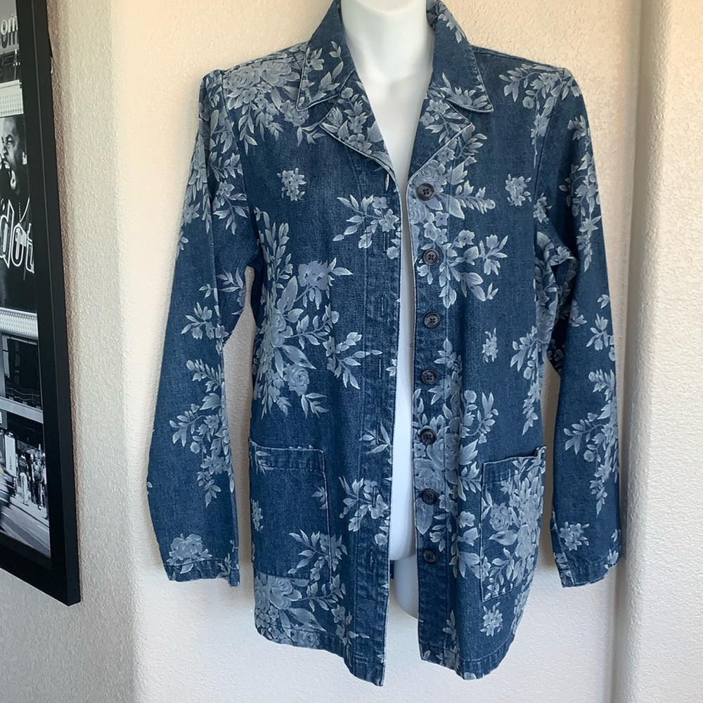 DENIM & CO denim jacket, bleach stencil white  flowers, buttons, pockets M - Picture 5 of 17